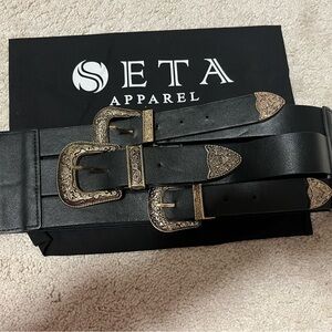 SETA Black and Gold Leather Belt with Ornate Buckles - vegan leather